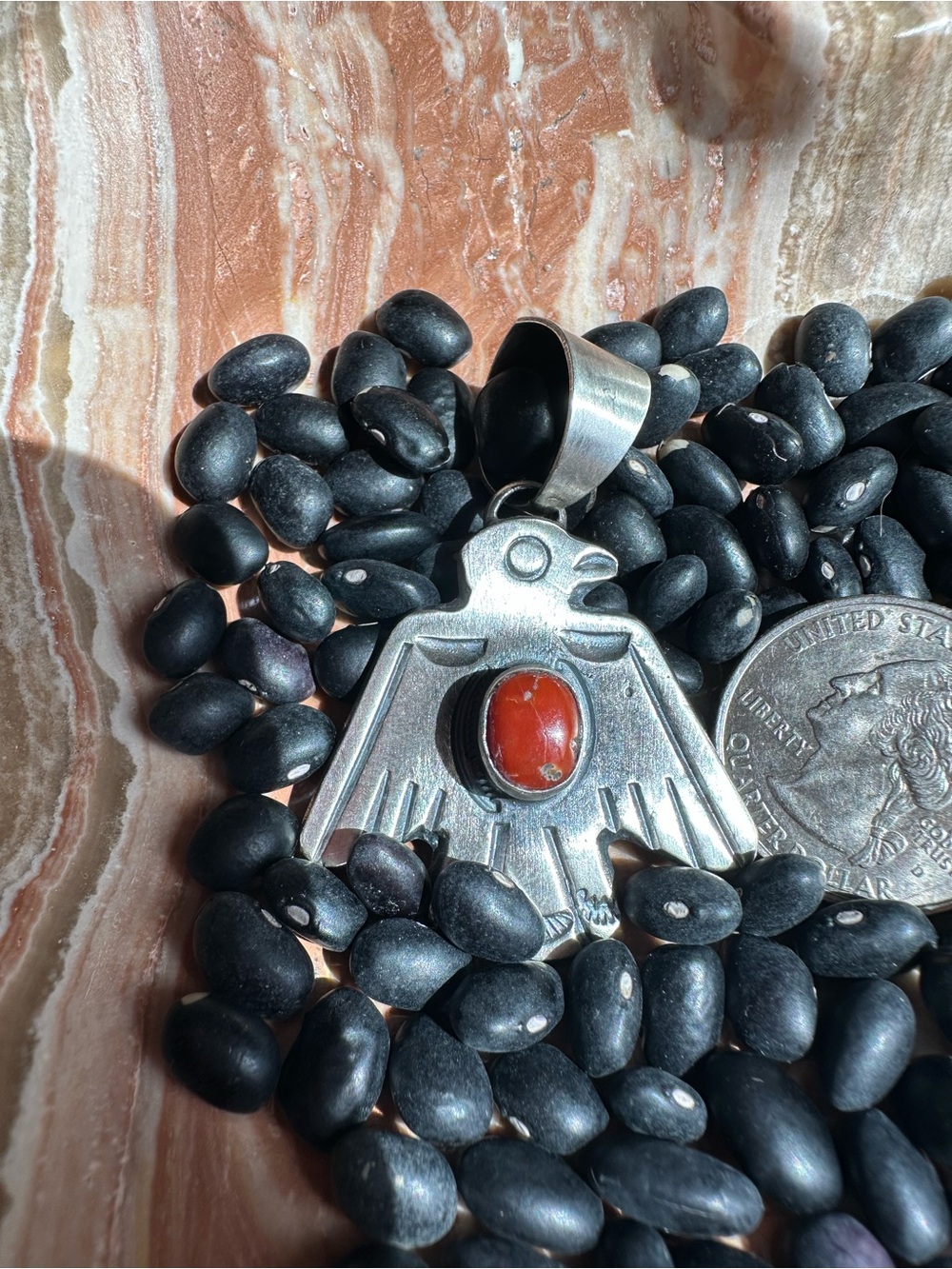 Signed Red Coral Chimney Butte Thunderbird pendant